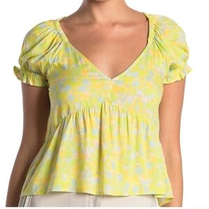Abound NWT Women's XL Neon Green Short Sleeve Crop Top Floral V-neck Shirt Y2K